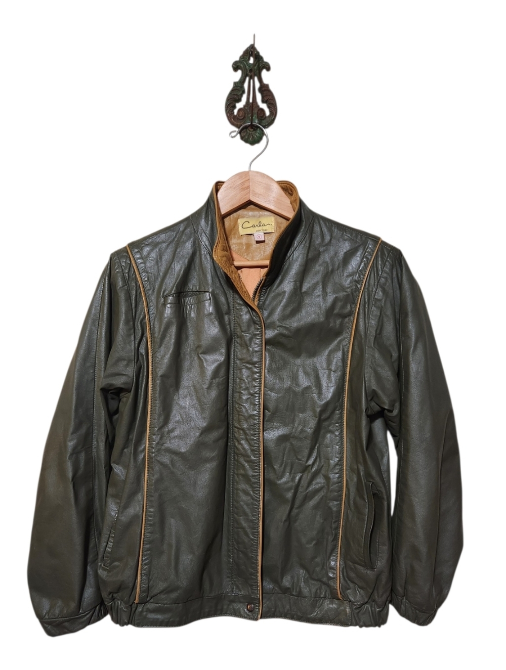 Vintage Carla New York Leather Olive Green Earthy Retro Jacket Size 4